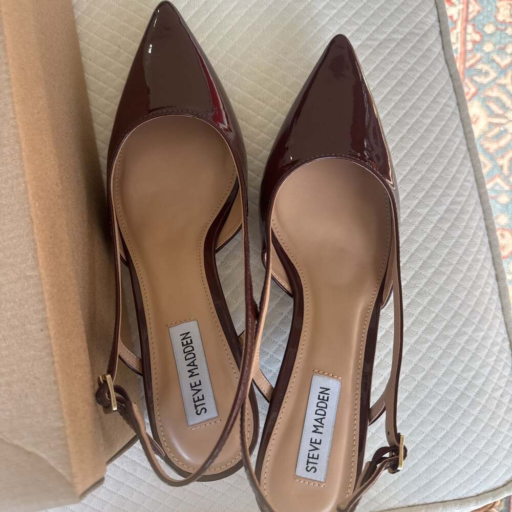 LEGACI Brown Patent Slingback Kitten Heel Pumps